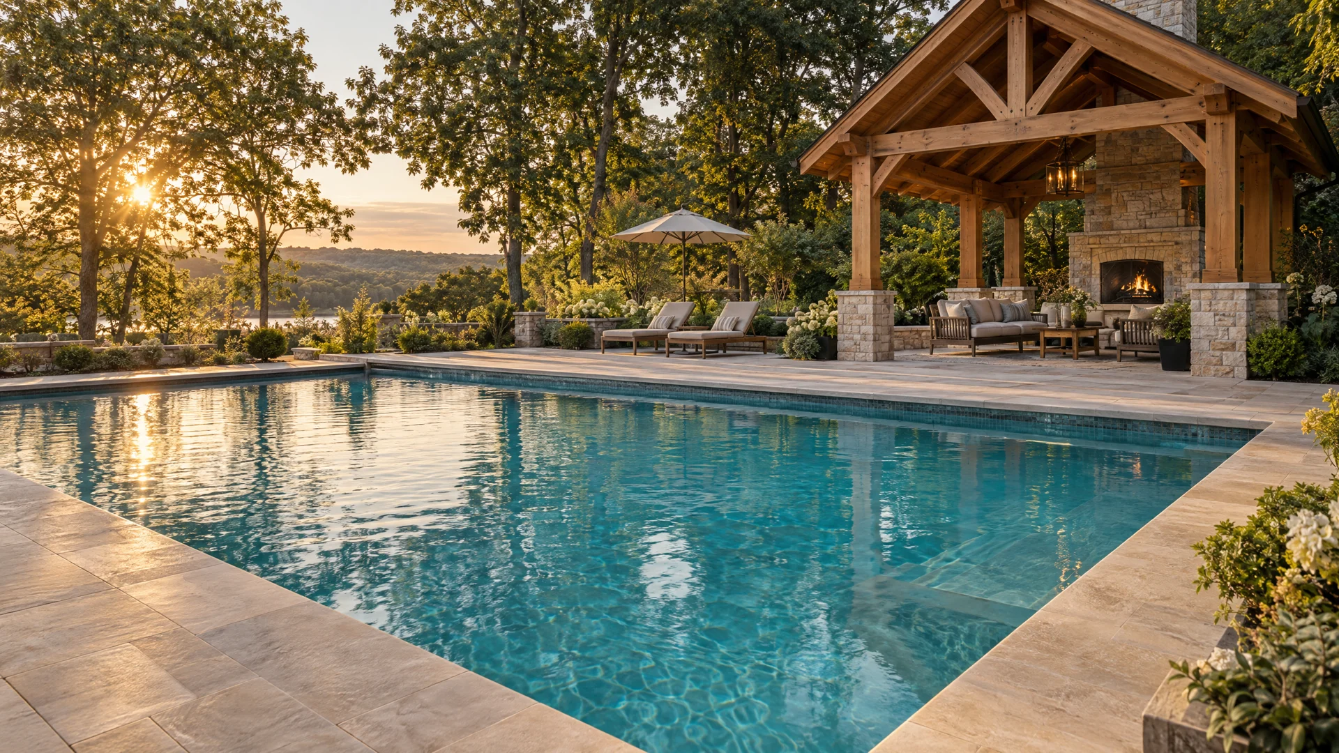 Illustrative design inspiration: a pool, limestone patio and substantial timber gazebo at golden hour